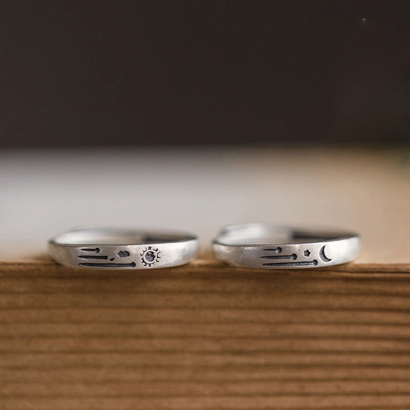 2pcs/set Geometry Irregular Wing Rings Silver Plated Adjustable Open Retro Sun And Moon Couples Ring For Women