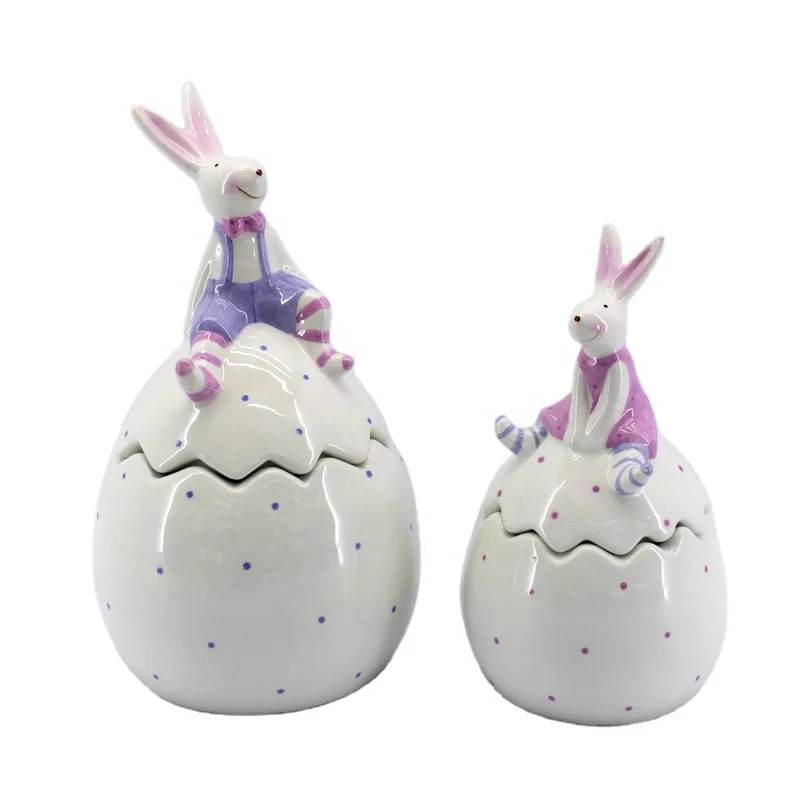 popular handpaint cute easter decorative miniature ceramic rabbit sitting on egg bunny  animal spring decoration