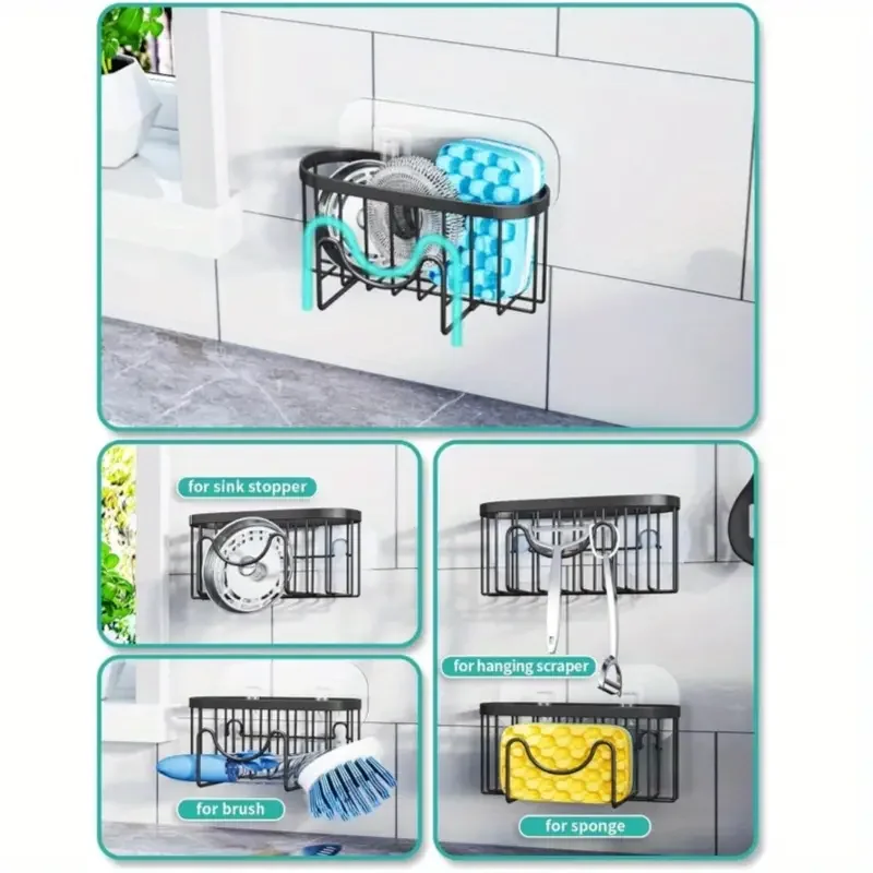 Multifunctional stainless steel M-Shape kitchen sink rack - double hanging organizer, sponge and brush drainage rack