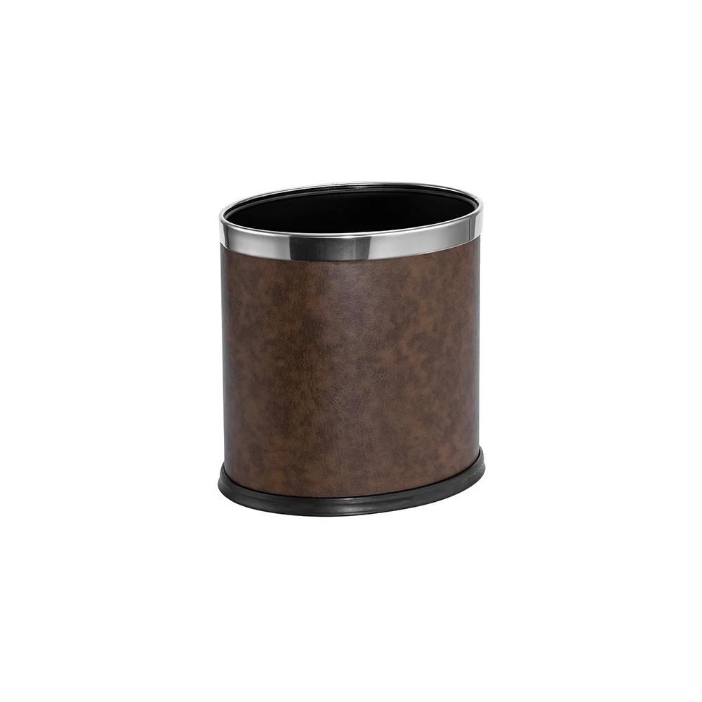 Elegant Double-Layer round Leather and Stainless Steel Guest Room Waste Bin for Hotels and Restaurants