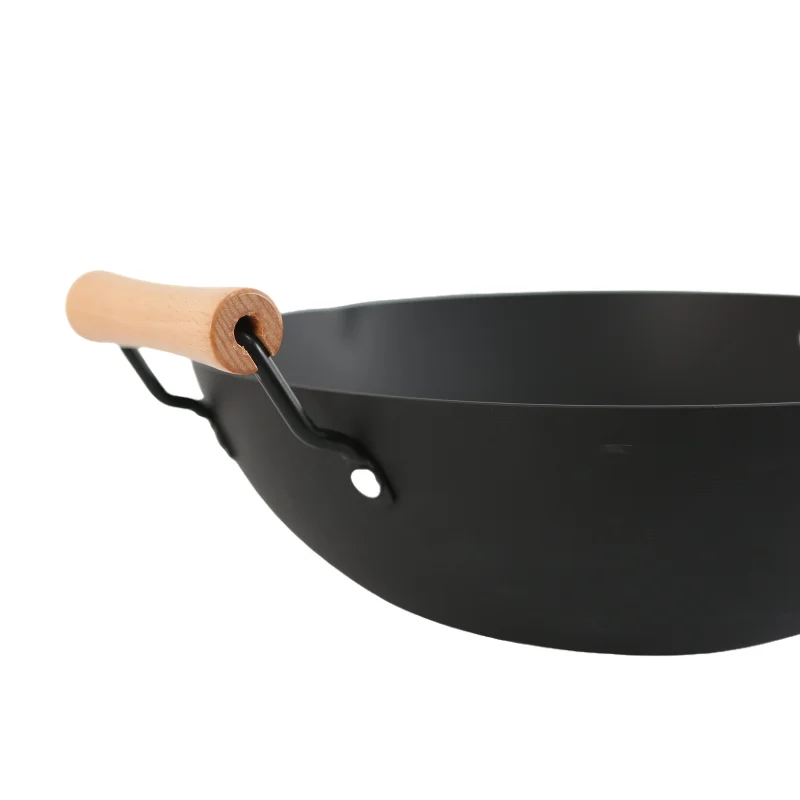 New Arrival Craft Wok Traditional Hand Hammered Non Stick Carbon Steel Iron Frying Wok With Wooden Handle With Glass Lid
