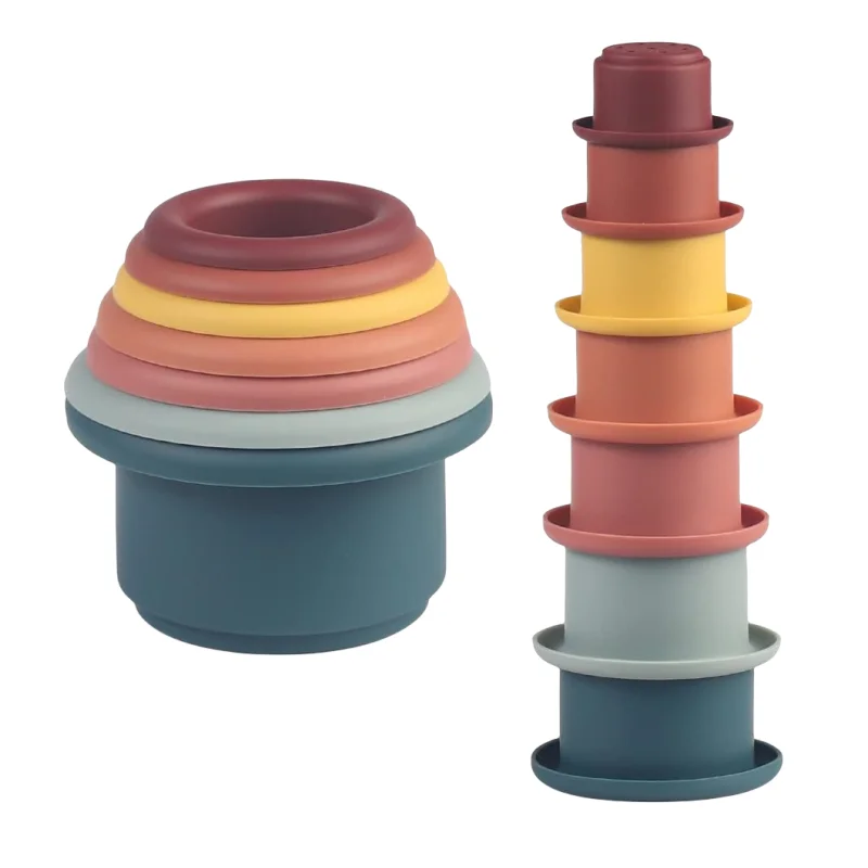 7-Pcs Silicone Stacking Cup Toys Nesting Montessori Cup Children Educational Toy Kids Learning Activity Baby Bathing Toy