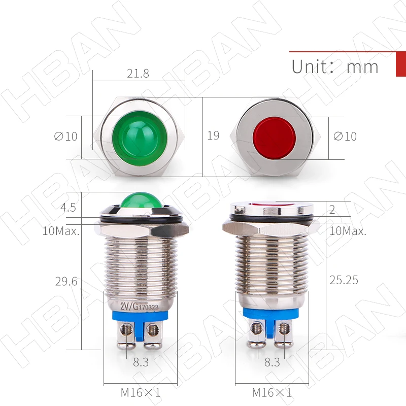 metal ip67 stainless steel screw terminal 16mm Indicator Light 24v Led Signal