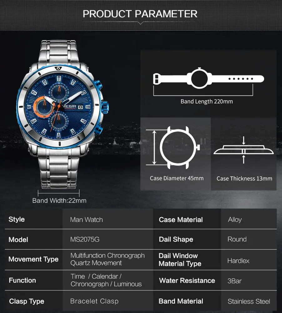 MEGIR 2075 Chronograph Quartz Men Watch Luxury Brand Stainless Steel Business Wrist Watches Men