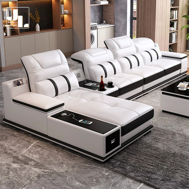 Luxury L Shape White Leather Sofa Modern Design Multifunctional Hotel Living Room 7 Seater Corner Sofa Furniture Set