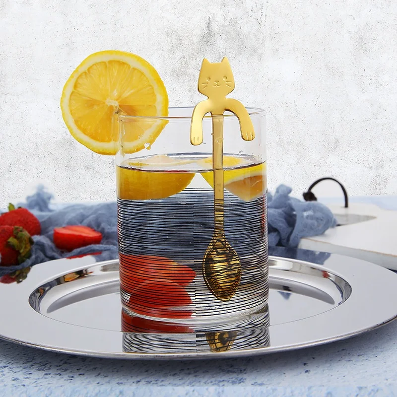 stainless steel small metal edible tiny Lovely cat shape gold cat spoons hanging cup creative dessert coffee tea spoon set