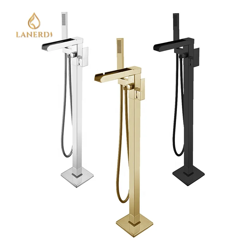 Lanerdi Luxurious Bathroom Faucet Gold Finish Freestanding Tub Faucet with waterfall spout and Handheld Shower