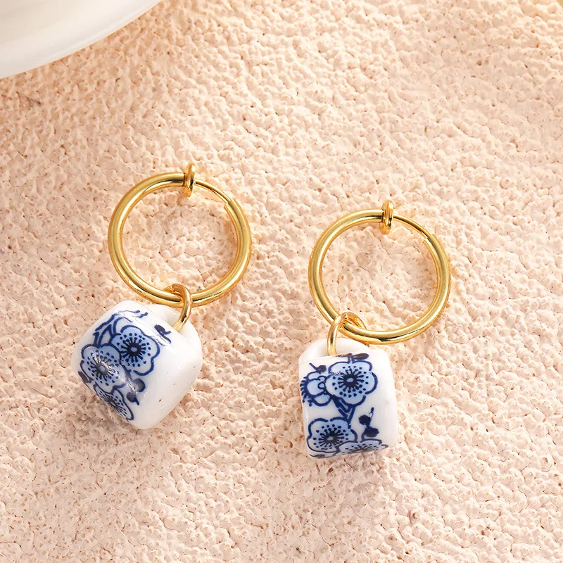 DAIHE Fashionable And Unique Irregular Blue And White Porcelain Stainless Steel China Earrings For Women