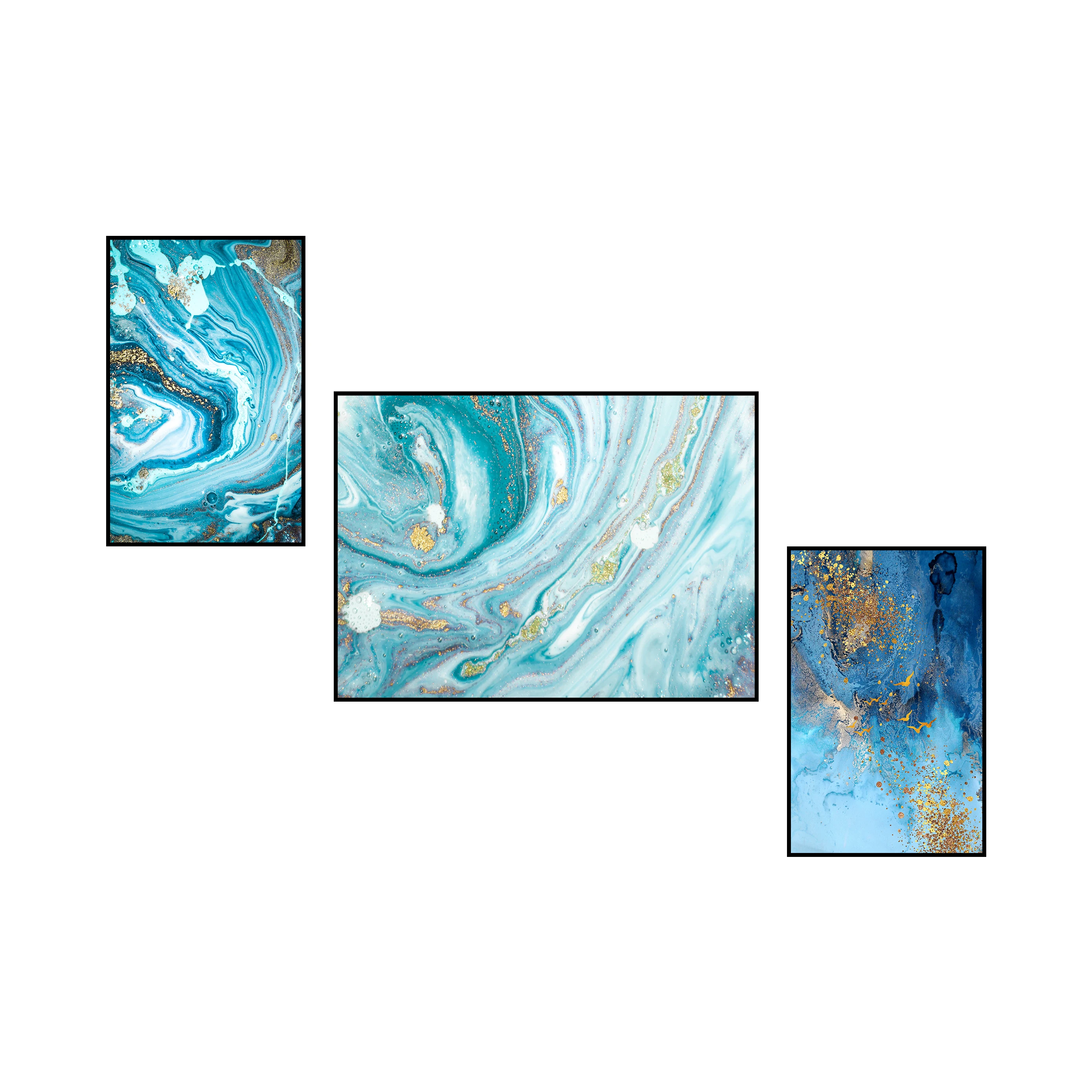 Luxury Home Decor Glass Framed Blue Color Abstract Canvas Wall Art