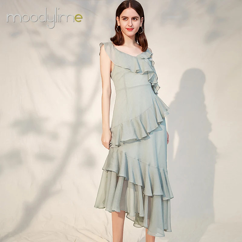 
Summer flouncing off-the-shoulder long classy dress asymmetrical ruffled chiffon medium length dress for women 
