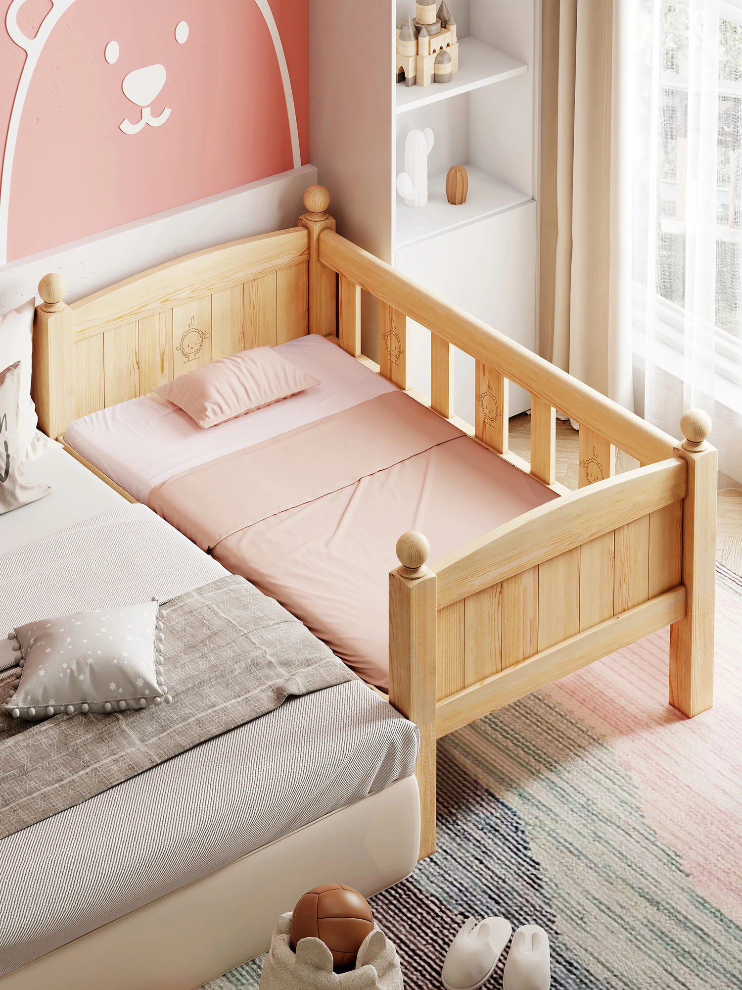 Children home living room  natural solid wood modern baby bed  with guardrail