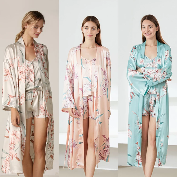 Robe satin Luxury FLoral Color Soft Lightweight Silk Lace Plus Size Silk Robes Women 3 Pcs Silk Robes Women Luxury