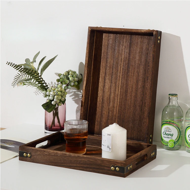 2022 Wholesale Coffee Tea Table Serving Platter Wood Tray Stack able Tea Coffee Breakfast Serving Tray