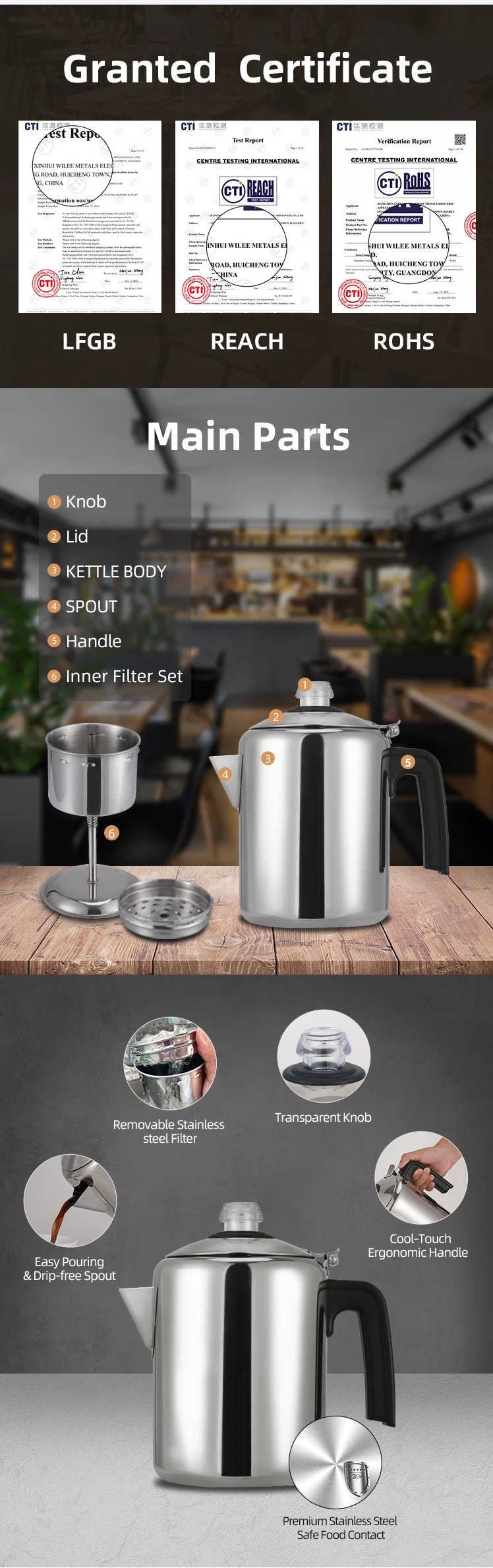 home appliances induction stainless steel coffee drip instant heat kettle 1.2L 8 cups