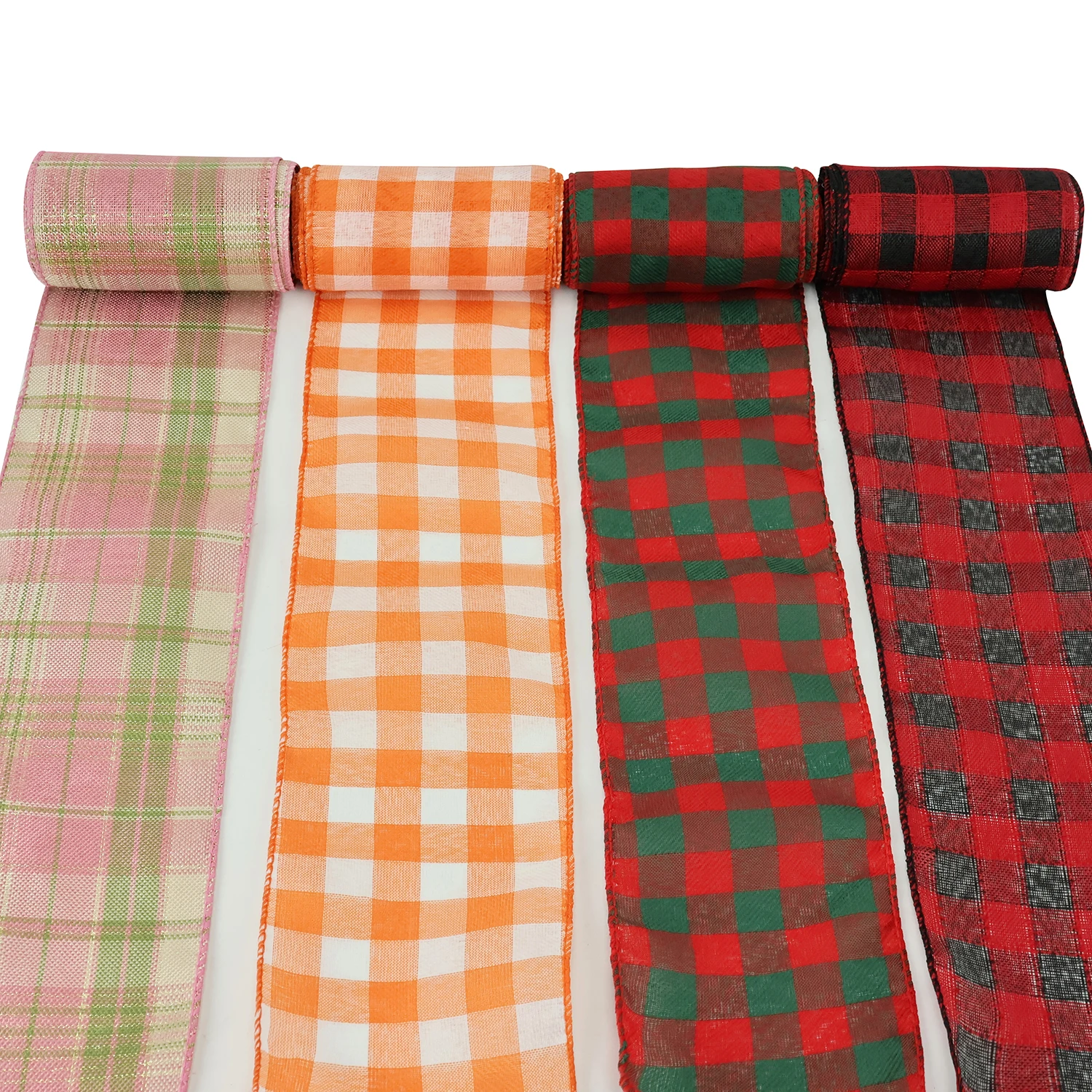 Custom Print Cheap Box Packing Buffalo Plaid Linen Tartan Wrapping Wire Ribbon For Fall Christmas Decoration