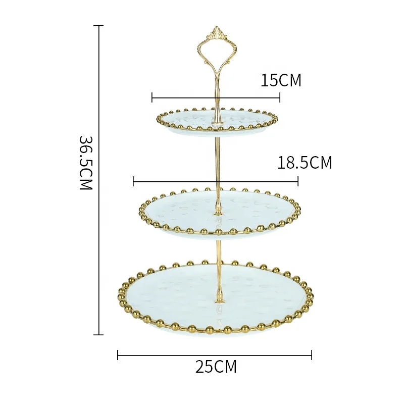 3 Tier Cake Stand Ceramic Dessert Plate Server for Birthday Fruit Display Wedding Cake Stand Serving Tool with Gold Beaded Rim