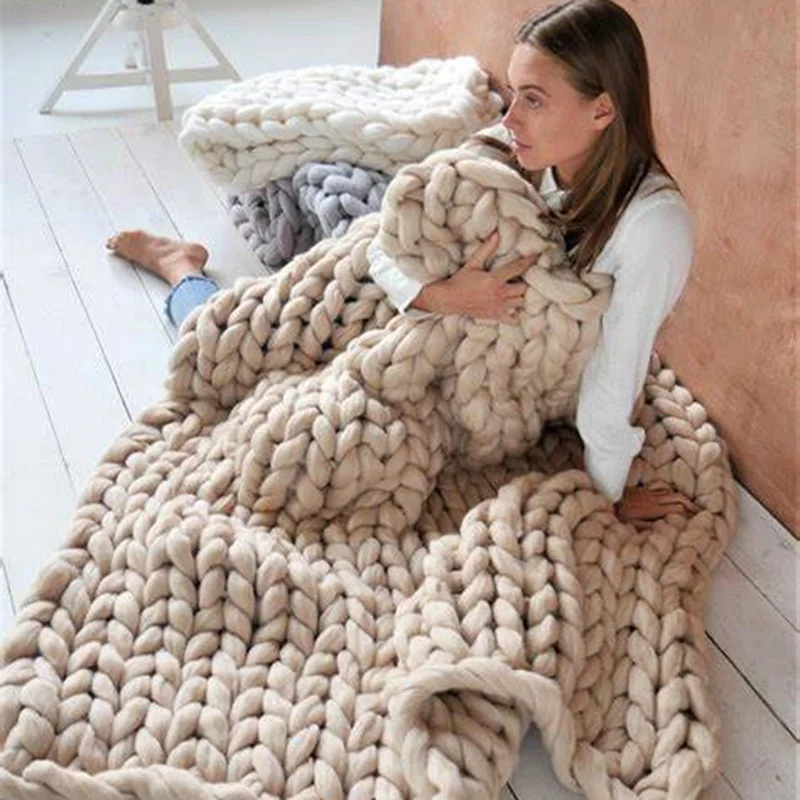 i@home 100% hand made chenille machine washing pink chunky knit blanket throw