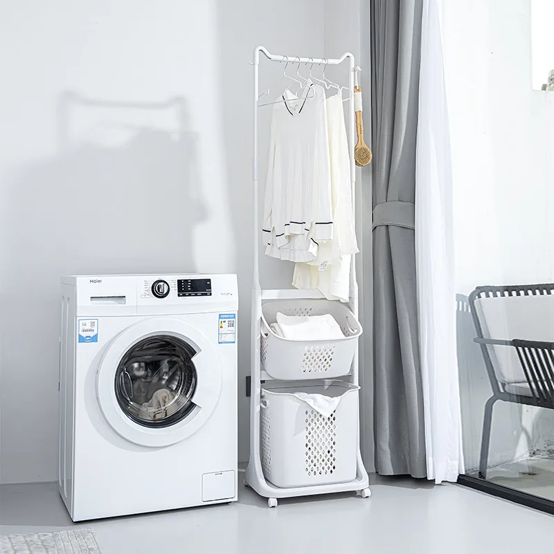 Bathroom Hanger Dirty Clothes Basket Floor  Mobile Vertical  Storage  Coat  Hanger Hanging Storage Shelf with Two Laundry Basket