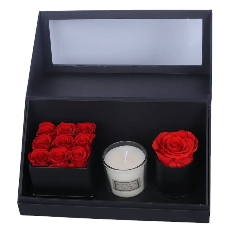Hot selling high quality decoration flower luxury eternal flower scented candles preserved roses in high end gift box