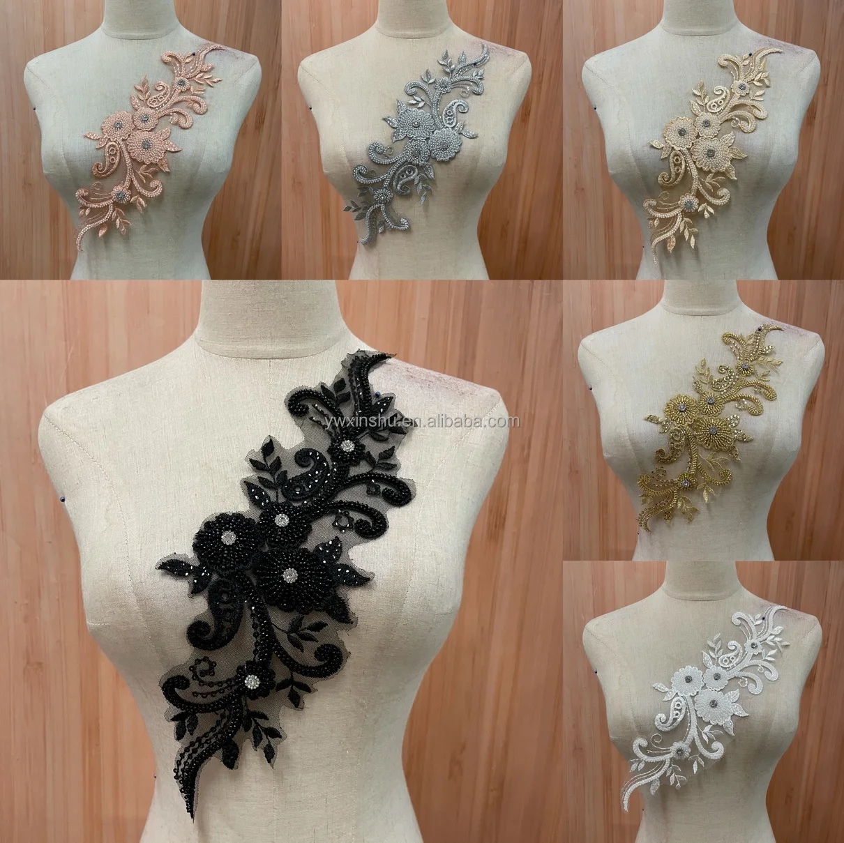 Royal Blue Lace Applique Embroidery Lace Patch with Beads Sequin for Bridal Couture Dress Veil Embellishment Craft