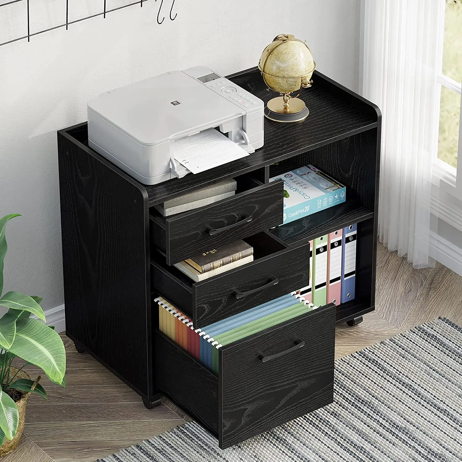 3-drawers file cabinet,mobile lateral printer stand with open storage shelf,rolling filing cabinet with wheels