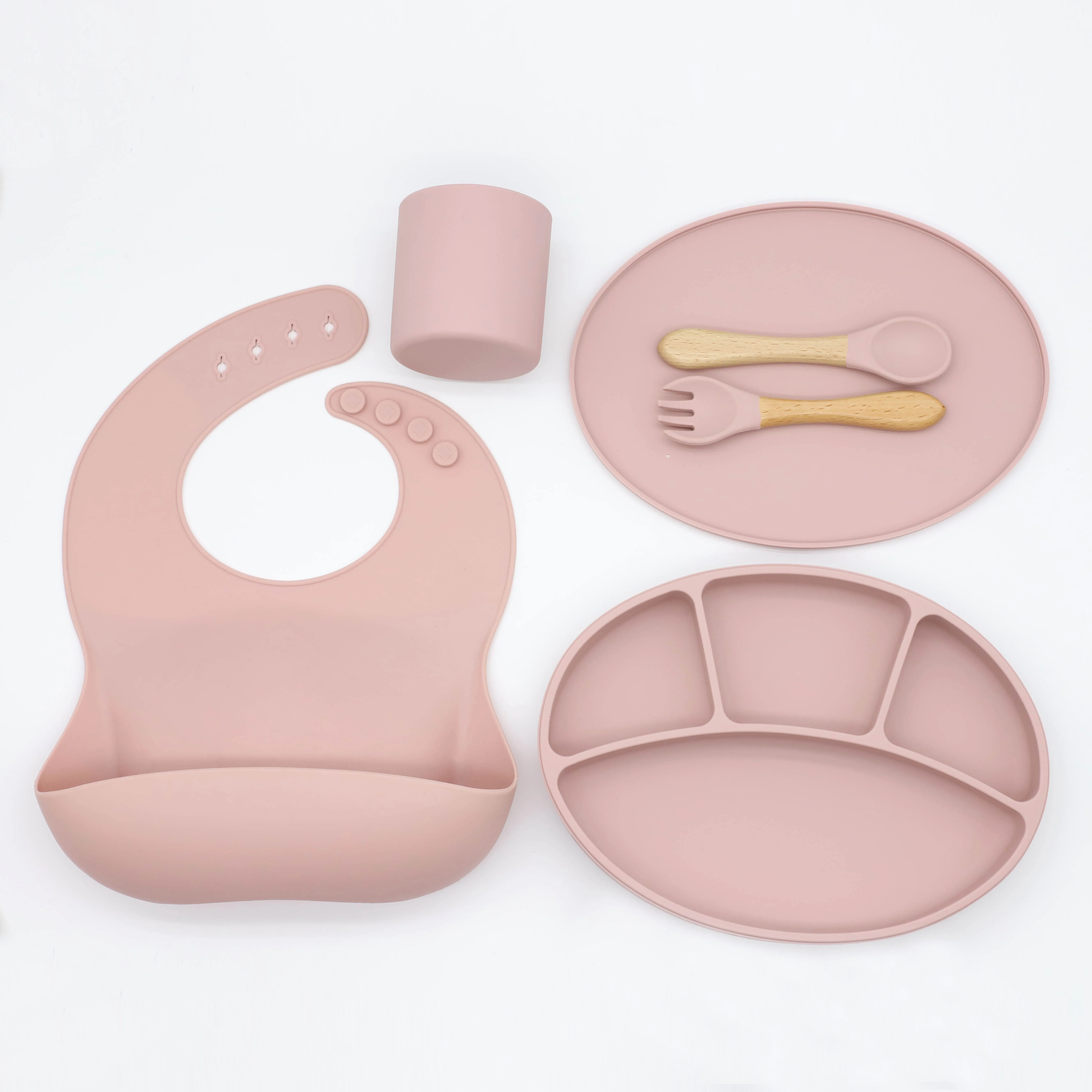 Eco choose custom logo baby tableware 6pcs/set box silicone bibs dinner suction plate water cup spoon fork set flatware