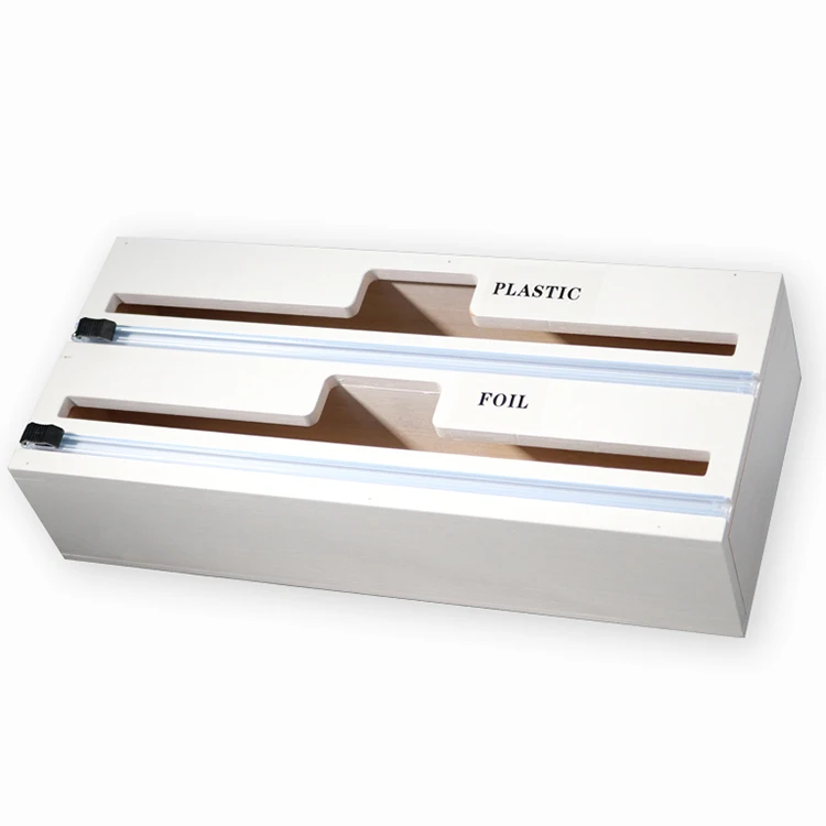 New Product Bamboo Kitchen Drawer  2 in 1 Tin Foil Organizer,Plastic Wrap Dispenser With Cutter