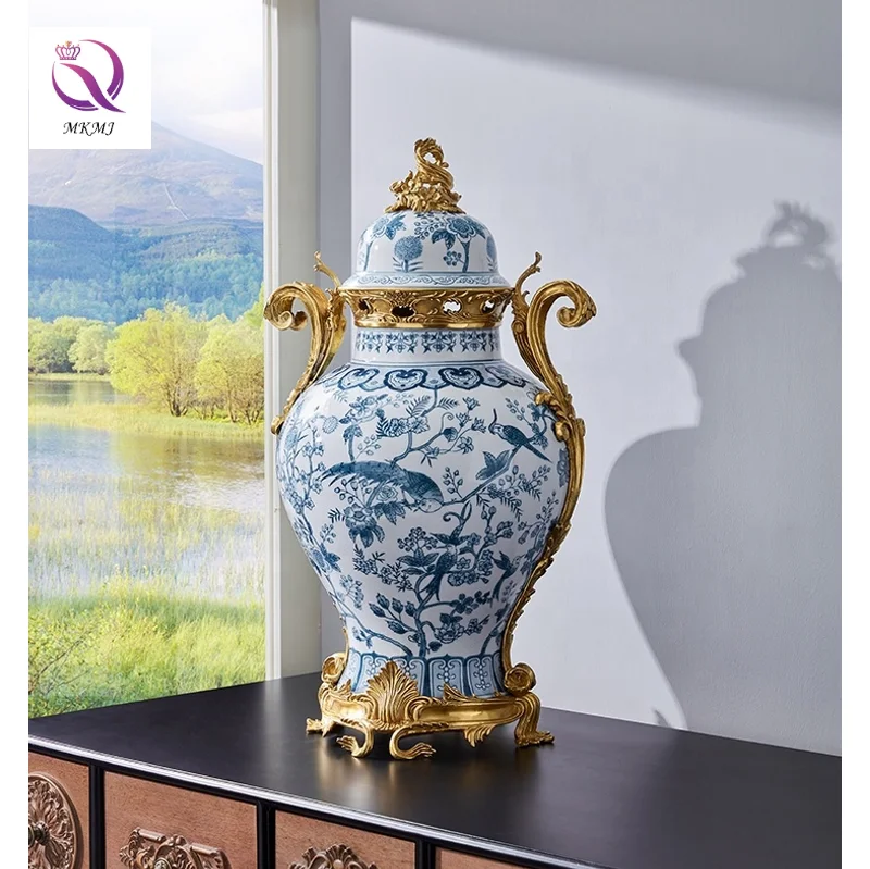 Tall and Luxurious Blue and White Porcelain General Jar for Living Room Home Decoration Ginger Jar Decorative Vase