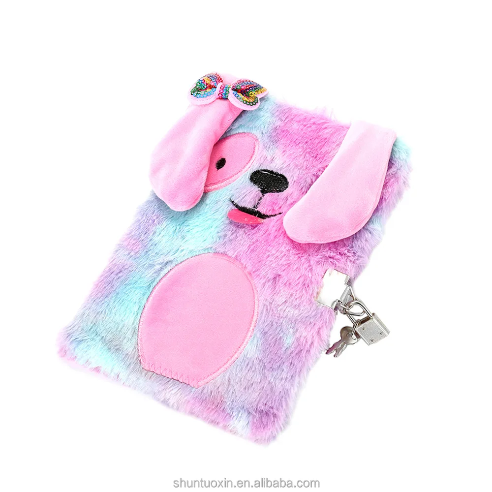 Cute Princess Gift Secret Password Notepad Diary Book Rainbow Dog Plush Notebook With Lock And Key