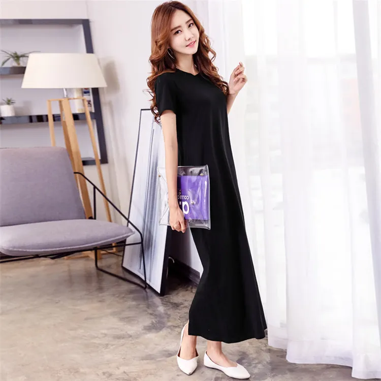 Factory  OEM Korean Summer Cotton Long T-Shirts Dress Casual Blank Soft Shirt Sleeve Baggy Split Maxi T Shirt Dresses For Women