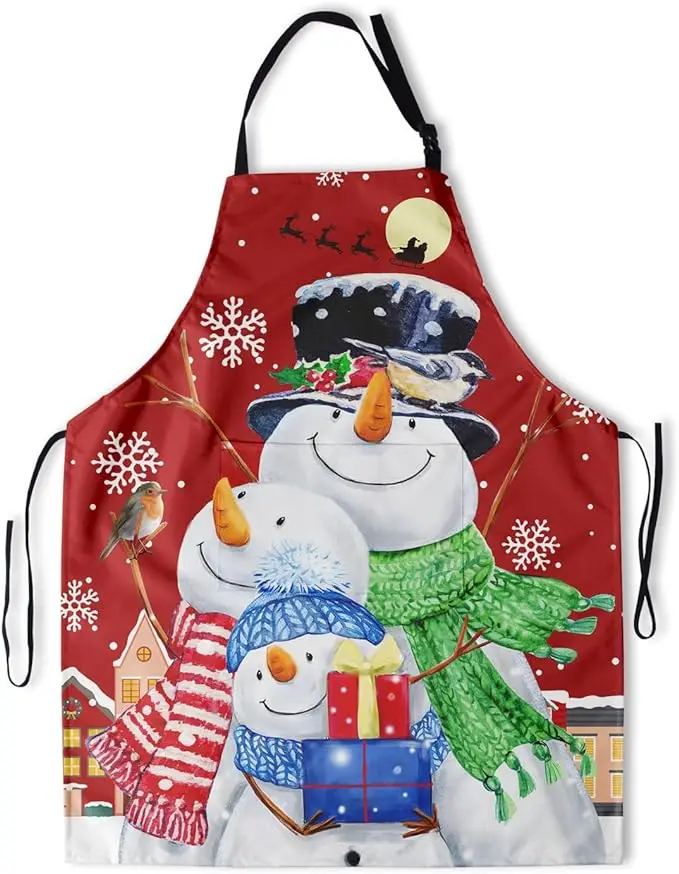 Custom Plaid Ruffle Christmas Apron Long Christmas Snowman Print Red Apron Custom on Demand Sublimation Personalized Apron