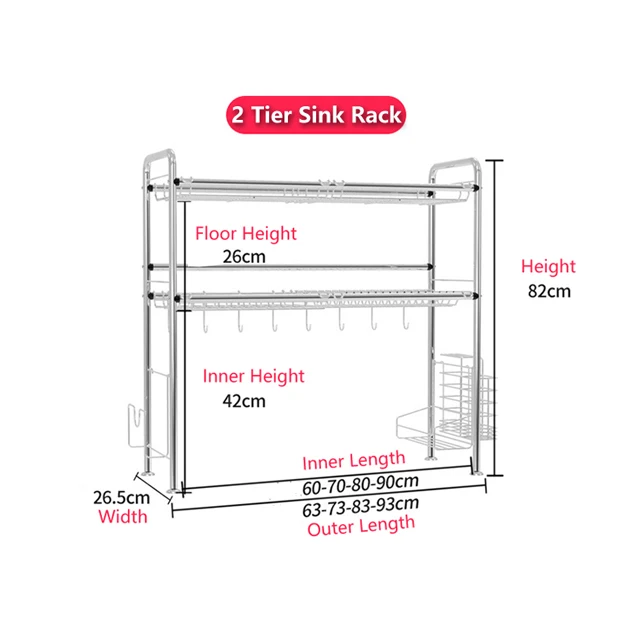 
Hot Sales In Stores 1/2 Tier Stainless Steel Over the Sink Dish Drainer 50cm 60cm 80cm 90cm Rack Shelf Kitchen Storage Organizer 