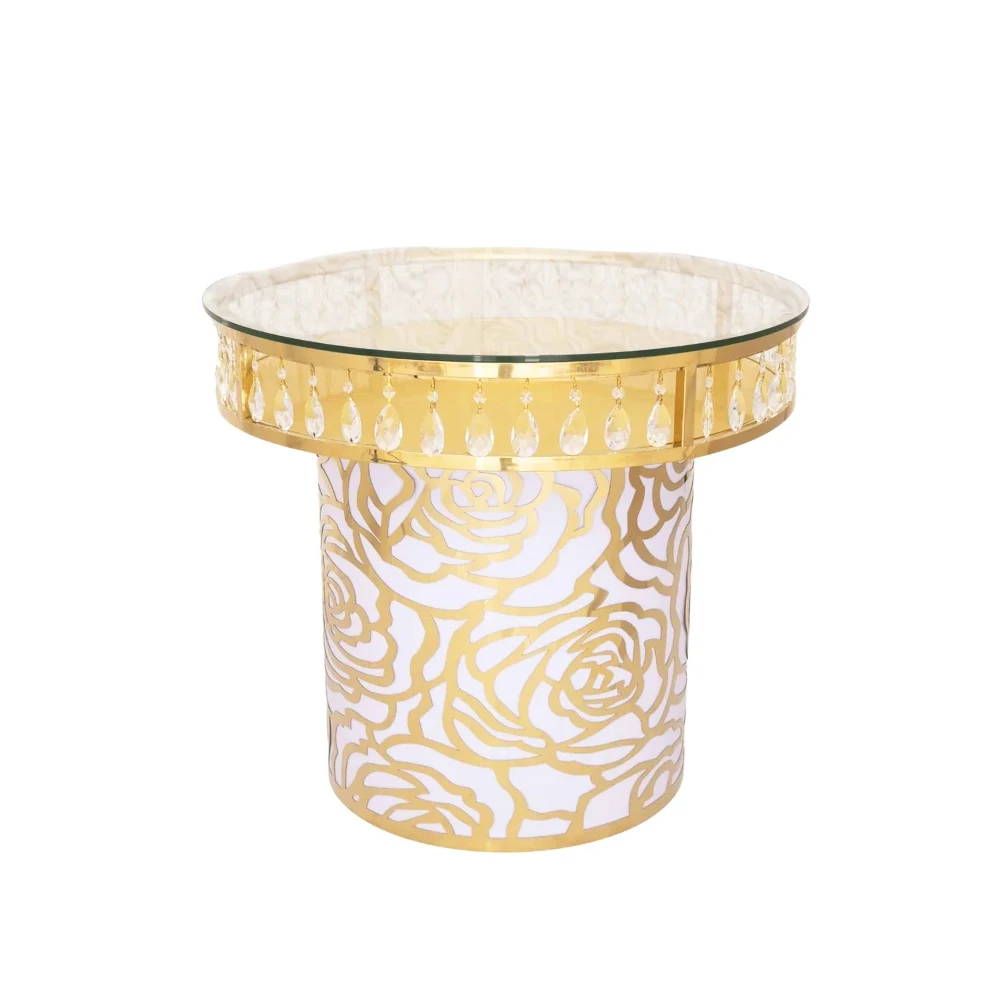 Luxurious Glass Top Gold Round Wedding Cake Table with Crystals Chandelier