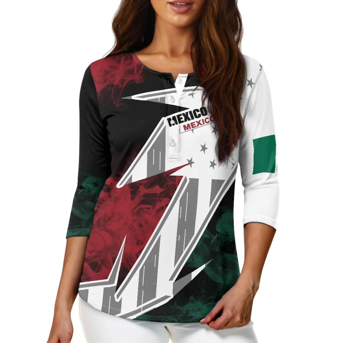 Custom Three-quarter Sleeve Shirt for Women Wholesale Sublimation Printed T-shirts Print on Demand Mexico Design Oversize Blouse