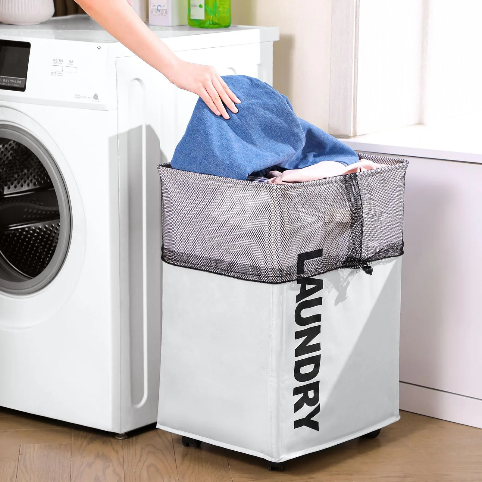 YA SHINE home clothes storage organizer Large kids toys dirty clothes hamper bag Collapsible rolling Laundry Basket with wheels