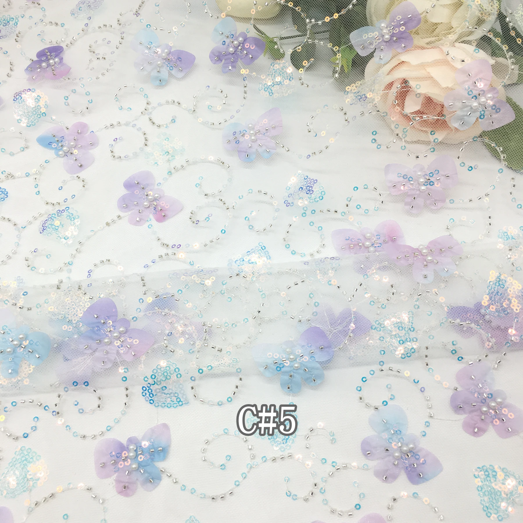 Golden Supplier CR163 Laser Cut Flower Embroidery Tulle 3d Lace Fabric Soft Lace Sequin  beaded Embroidery  Fabric for Garments