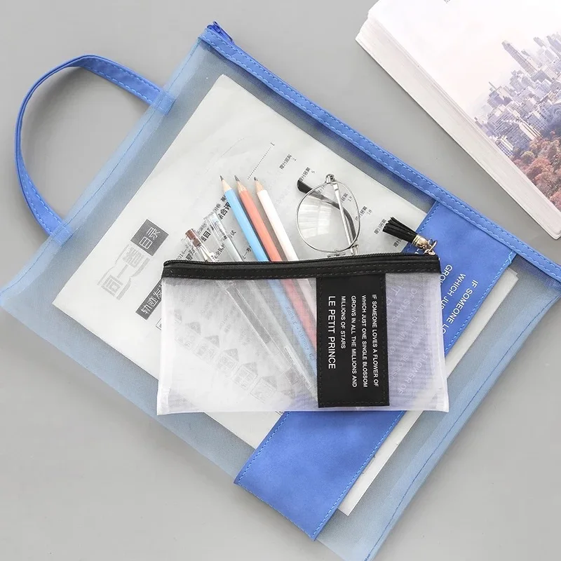 Colorful Clear A4 Paper File Folder Plastic magazine Plastic File Folder zipper net file bag with handle