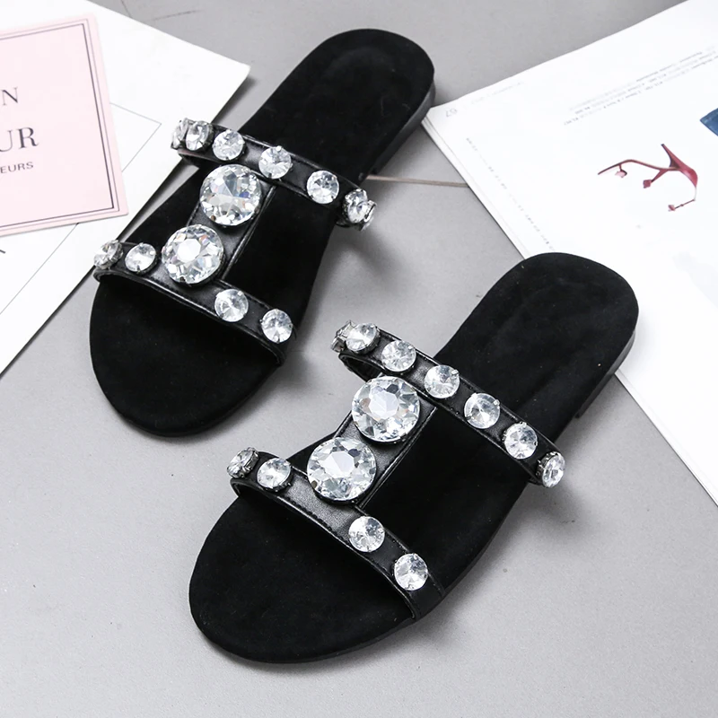 
fashion summer flat leather bling bright rhinestone slipper for women 