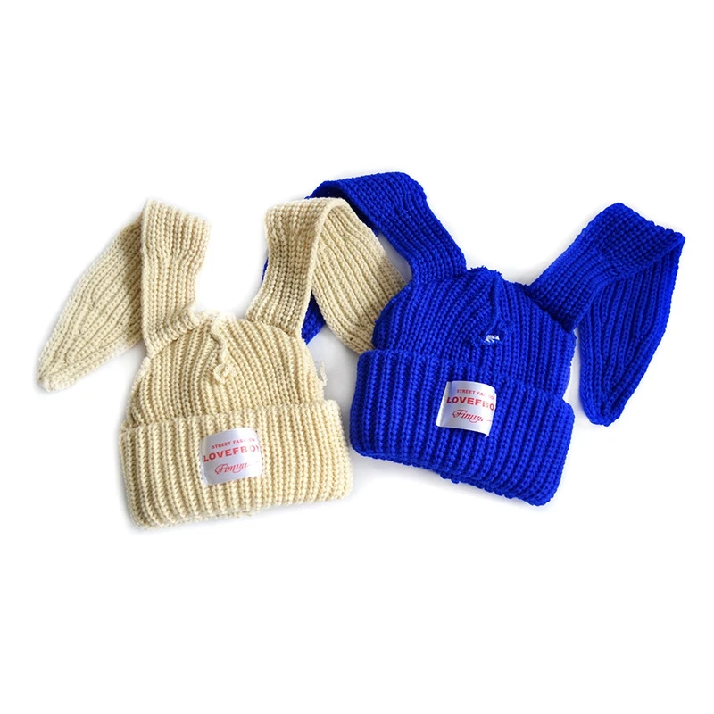 New Stylist Double Layer Thickening Rabbit Ear Knit Hats with Cloth Tag Luxury Beanie for Women