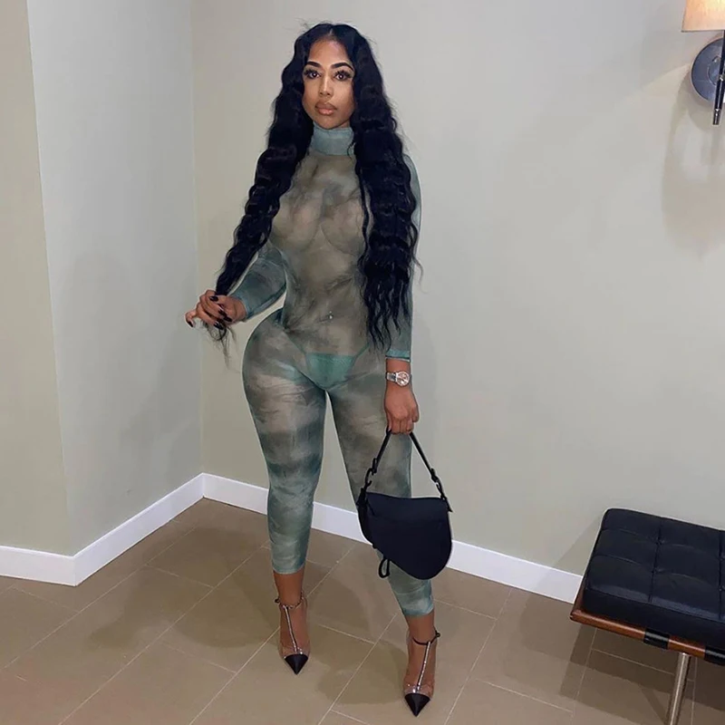 K20S10150 2021 New Arrivals Autumn Sexy See Through Mesh Fabric Bodycon Backless Jumpsuits Bodysuits Women Jumpsuit