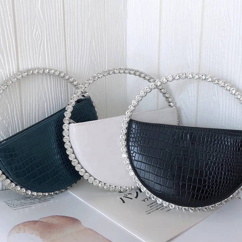 New fashion crocodile pattern round clutch bag evening bags ladies luxury design wedding half moon rhinestone bag for women