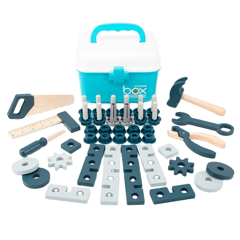 Newest construction play tool toy kid shape matching screw nut toys pretend wooden children toolbox toy