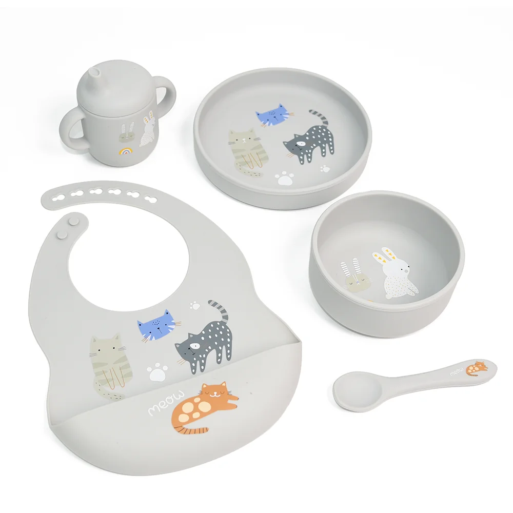 2024 new silicon baby tableware gift set wholesale silicone baby bibs plate spoon cup 5pcs/set gift supplier