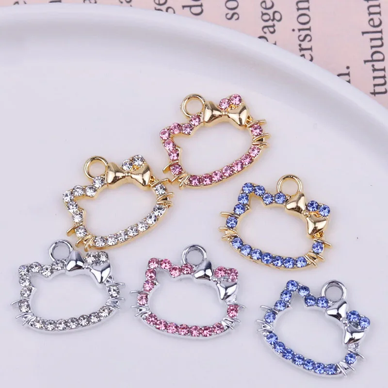 10pc/bag DIY alloy cartoon shiny kitty cat shape pendant for jewelry making rhinestone charms bracelet necklace accessories
