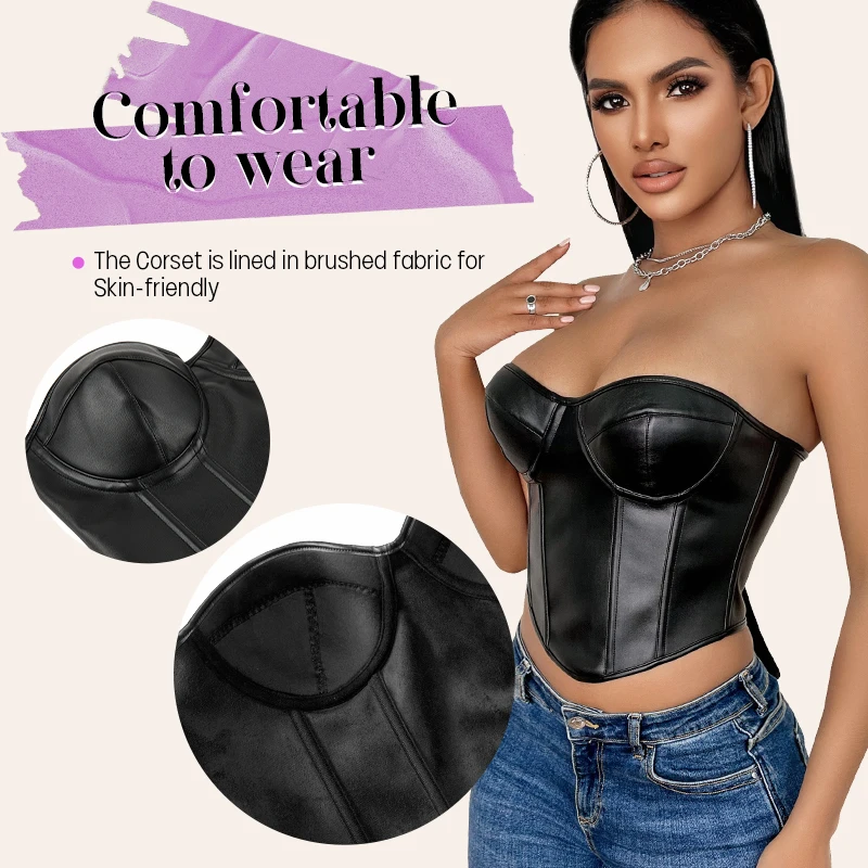 Ladies Black Waist Cincher Trimmer Body Shaper Belt Pu Leather Overbust Corset Tops Up Strapless Boned Body Shaper Bustier Top