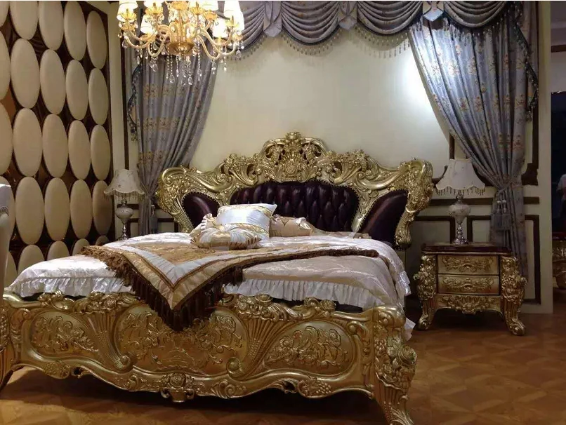 home furniture European Italian classical handmade wooden carved flowers genuine leather royal luxury bedroom set