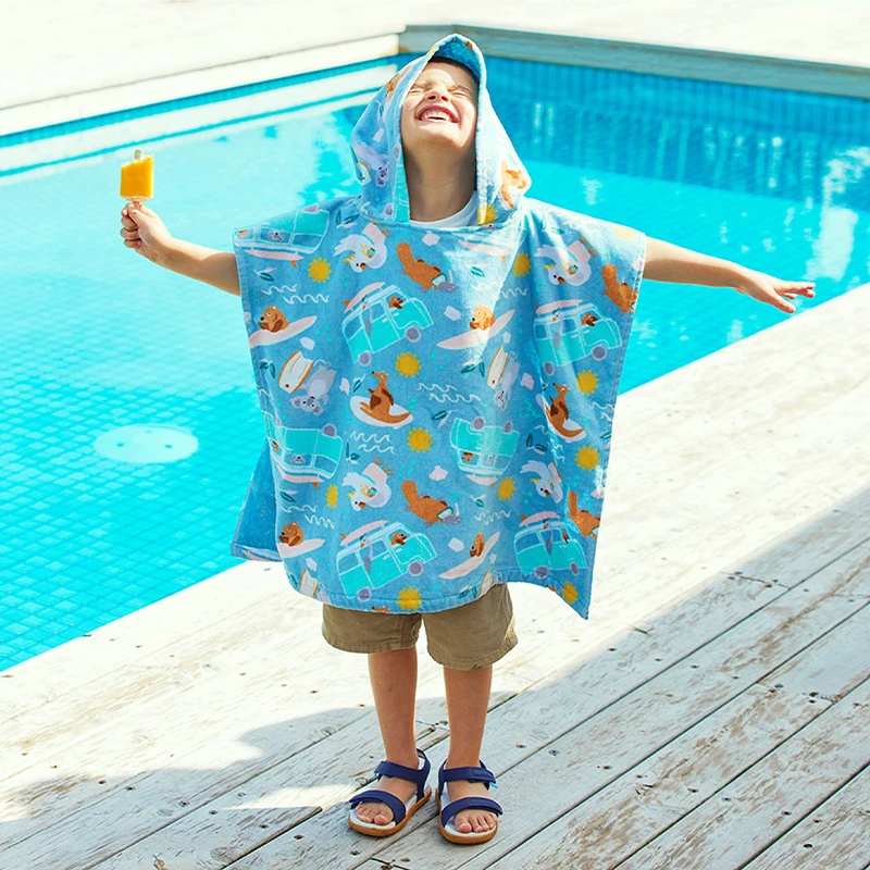 Organic cotton kids beach towel sustainable poncho towel for kids eco friendly Kids Hooded Towel custom poncho blanket