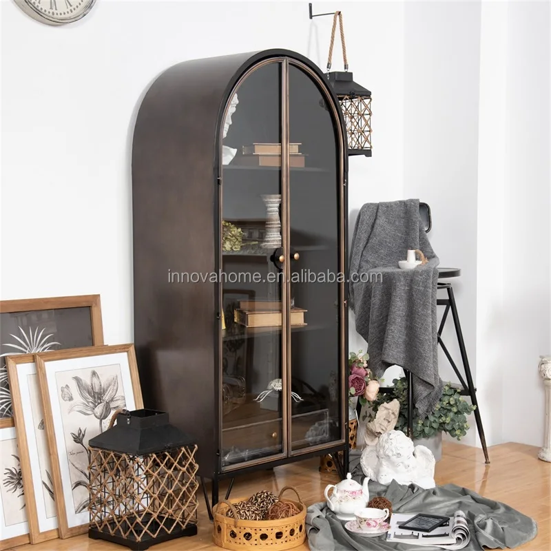 INNOVA Home Accent Vintage Industrial Living Room Storage Drawer Black Arch Tall Metal Cabinet with Shelves and Glass Doors