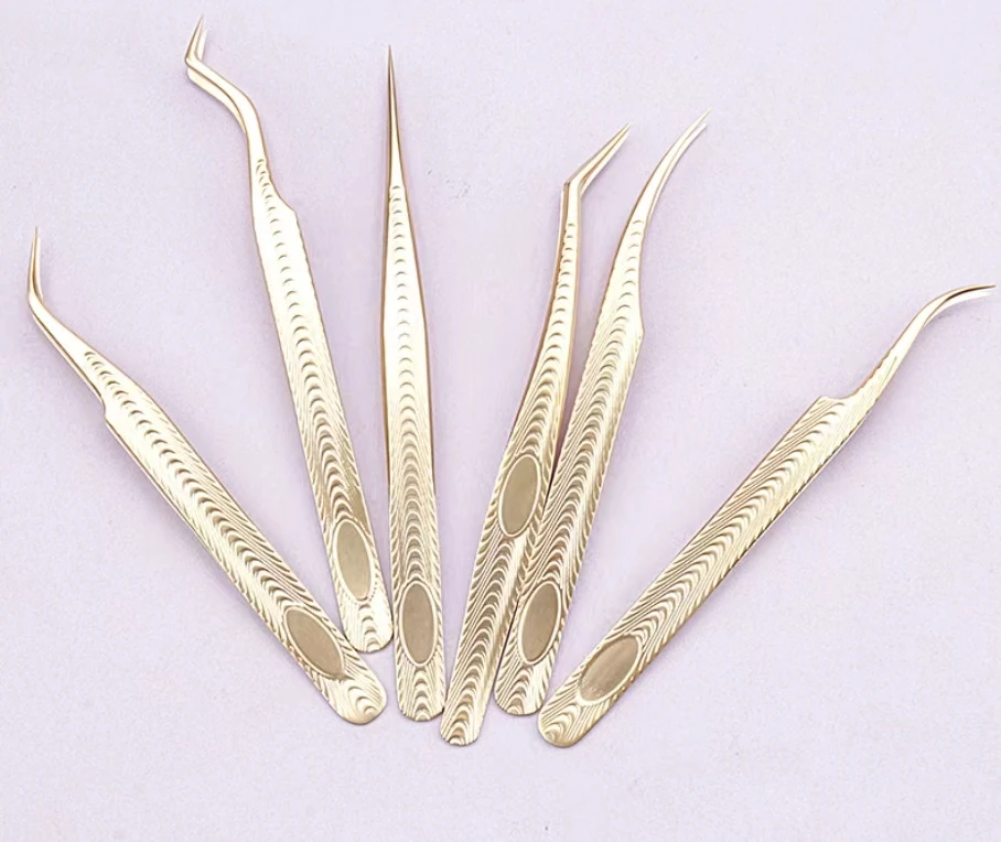 Wholesale Gold Fiber Tip volume Lashes Tweezers for False Eyelash Extension individual custom logo 90 degrees fiber grip tweeze