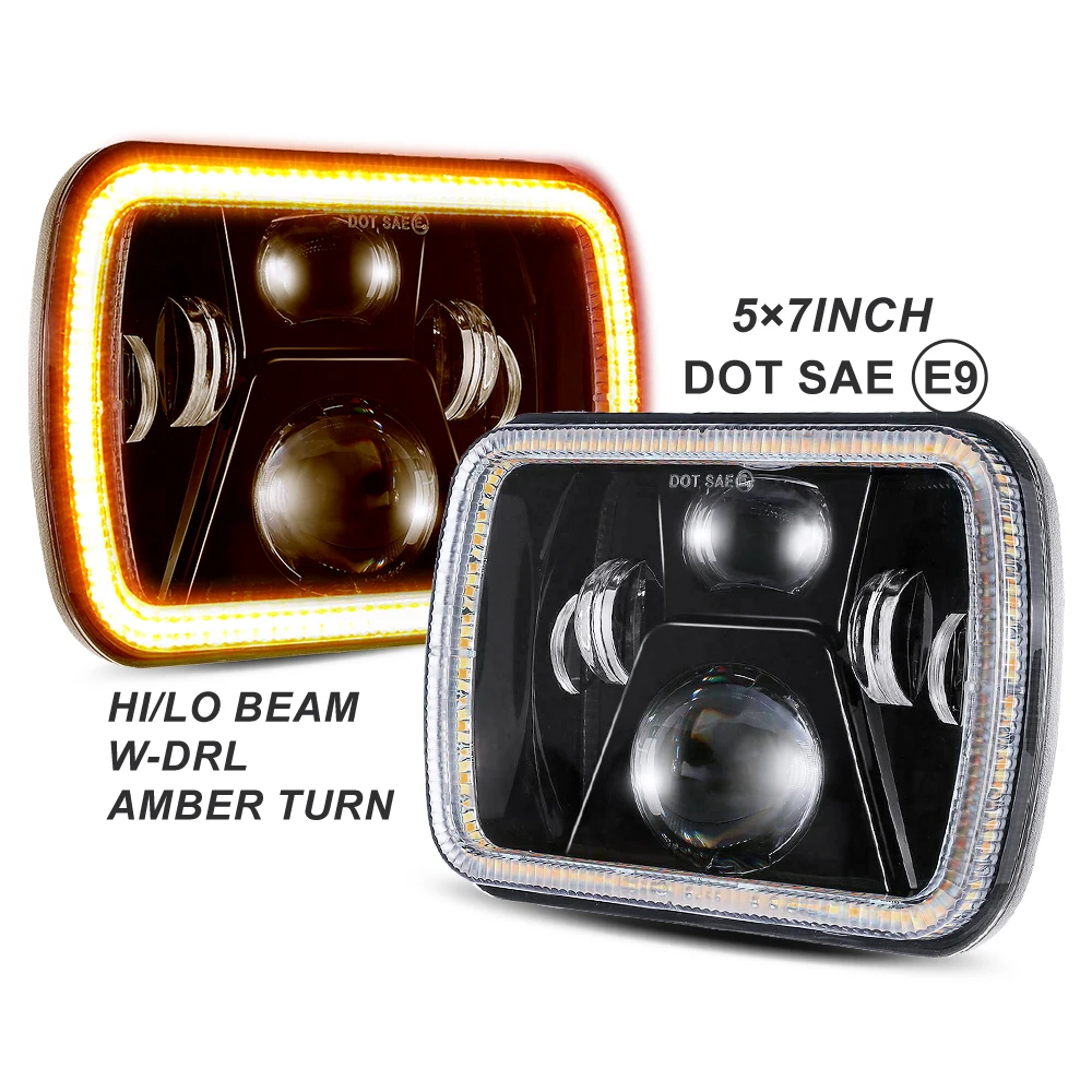7x6 inch Halo LED Headlight Angel Eyes DRL Amber Turn Signal Light 5x7 inch Square LED Headlamp for Trucks Jeep Wrangler XJ YJ